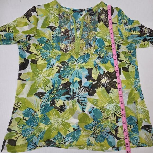 Y2K New York & Co. Womens Floral Sheer W Sequins V Neck Blouse Green Sz M - Picture 7 of 7